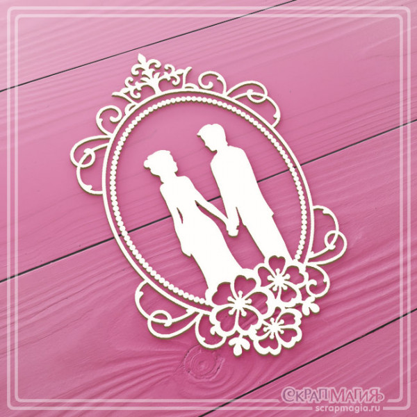 Чипборд "Свадебная пара в ажурной рамке с цветами" 60х96 мм ЧБ-3126