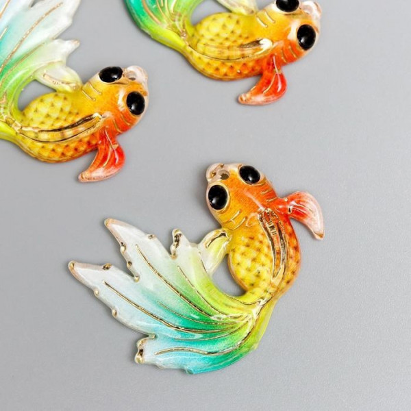 Декор для творчества пластик "Рыбка оранж с зелёно-голубым хвостом" с золотом 2,5х3 см Арт.: 6300843