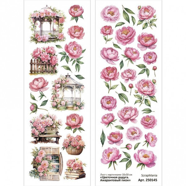 Лист с картинками 10х30 см "Цветочная радуга. Амарантовый пион" (ScrapMania) 250145