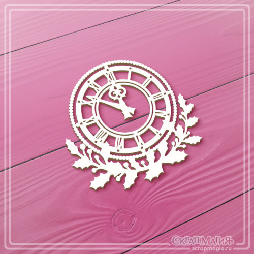  ОПТ Чипборд "Старинные часы в обрамлении веточек остролиста (падуба)" 50х48 мм ЧБ-4449