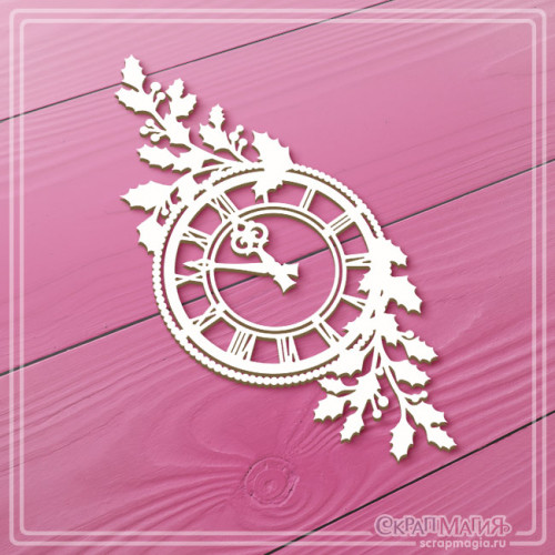  ОПТ Чипборд "Старинные часы с веточками остролиста (падуба)" 47х106 мм ЧБ-4457