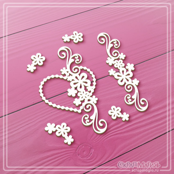   ОПТ Набор чипборда "Сердце с цветами и завитками" 6 эл. ЧБ-4472