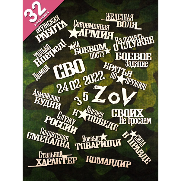 Набор чипборда для армейского альбома СВО 32 элемента НБ-0064 Набор чипборда для армейского альбома СВО 32 элемента НБ-0064